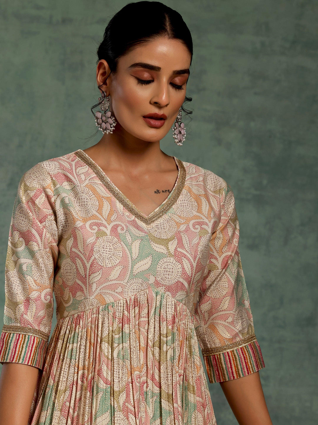 Beige Printed Silk Blend Anarkali Kurta Set - Libas