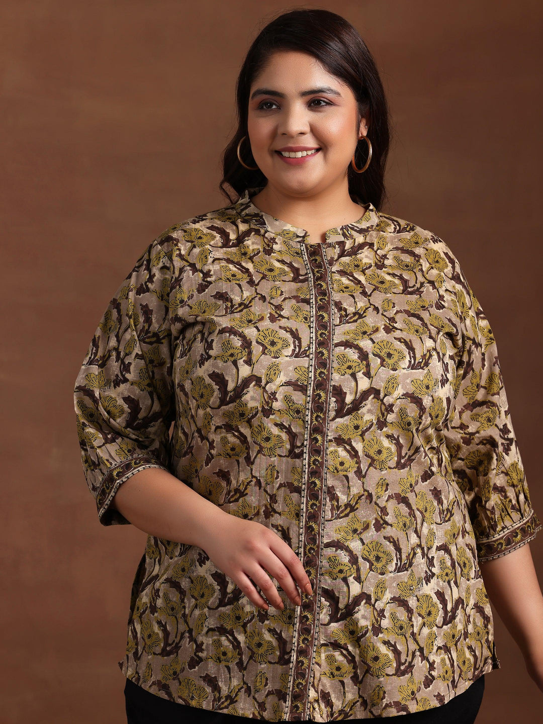 Plus Size Brown Printed Cotton Straight Kurti - Libas