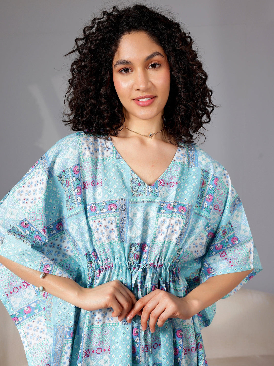 Blue Printed Cotton Kaftan Night Dress - Libas 