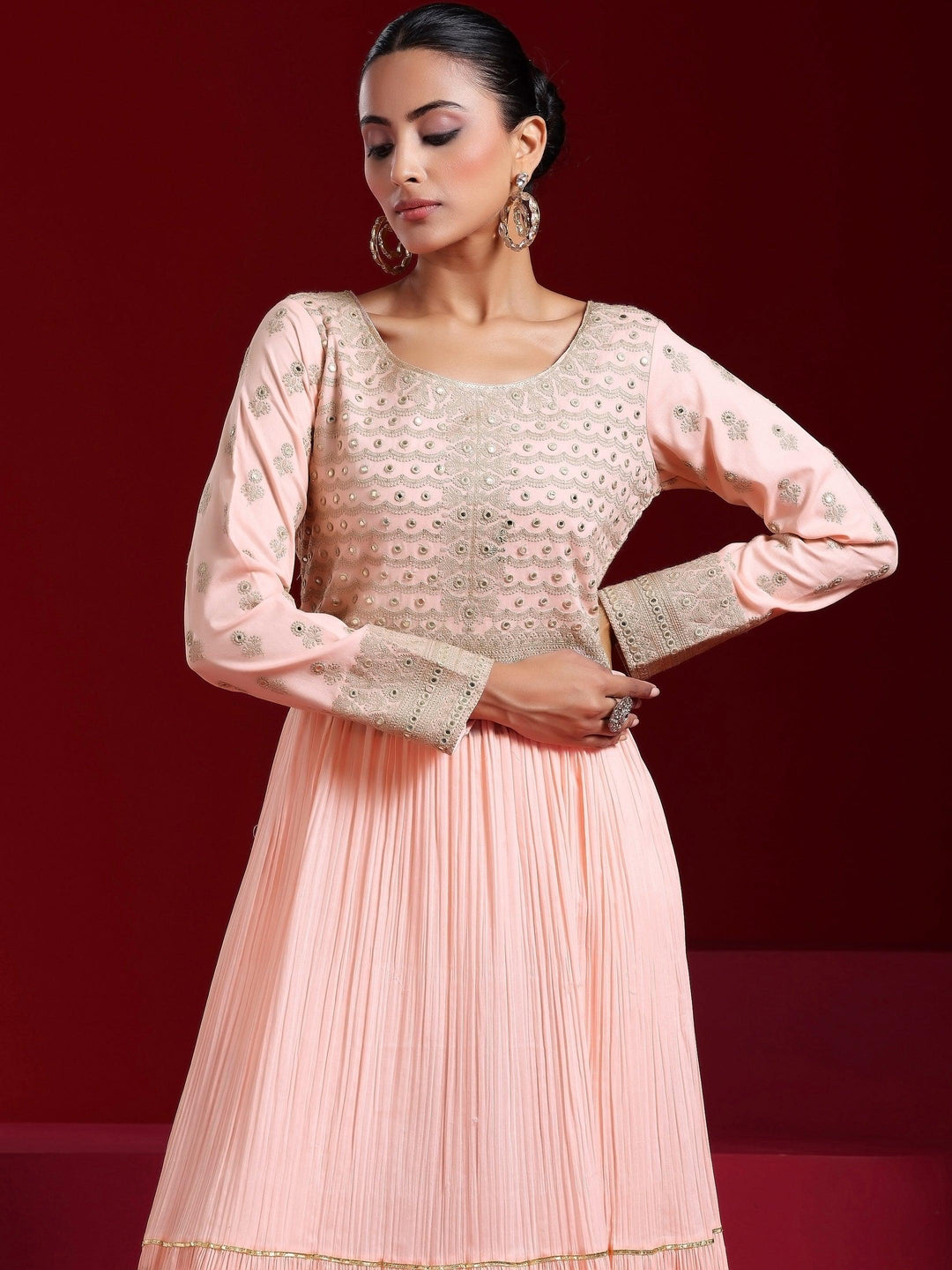 Libas Art Peach Embroidered Cotton Blend A-Line Kurta With Sharara & Dupatta - Libas