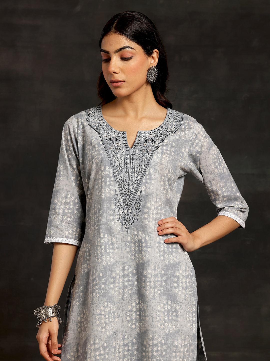 Grey Printed Cotton Straight Suit With Dupatta - Libas 