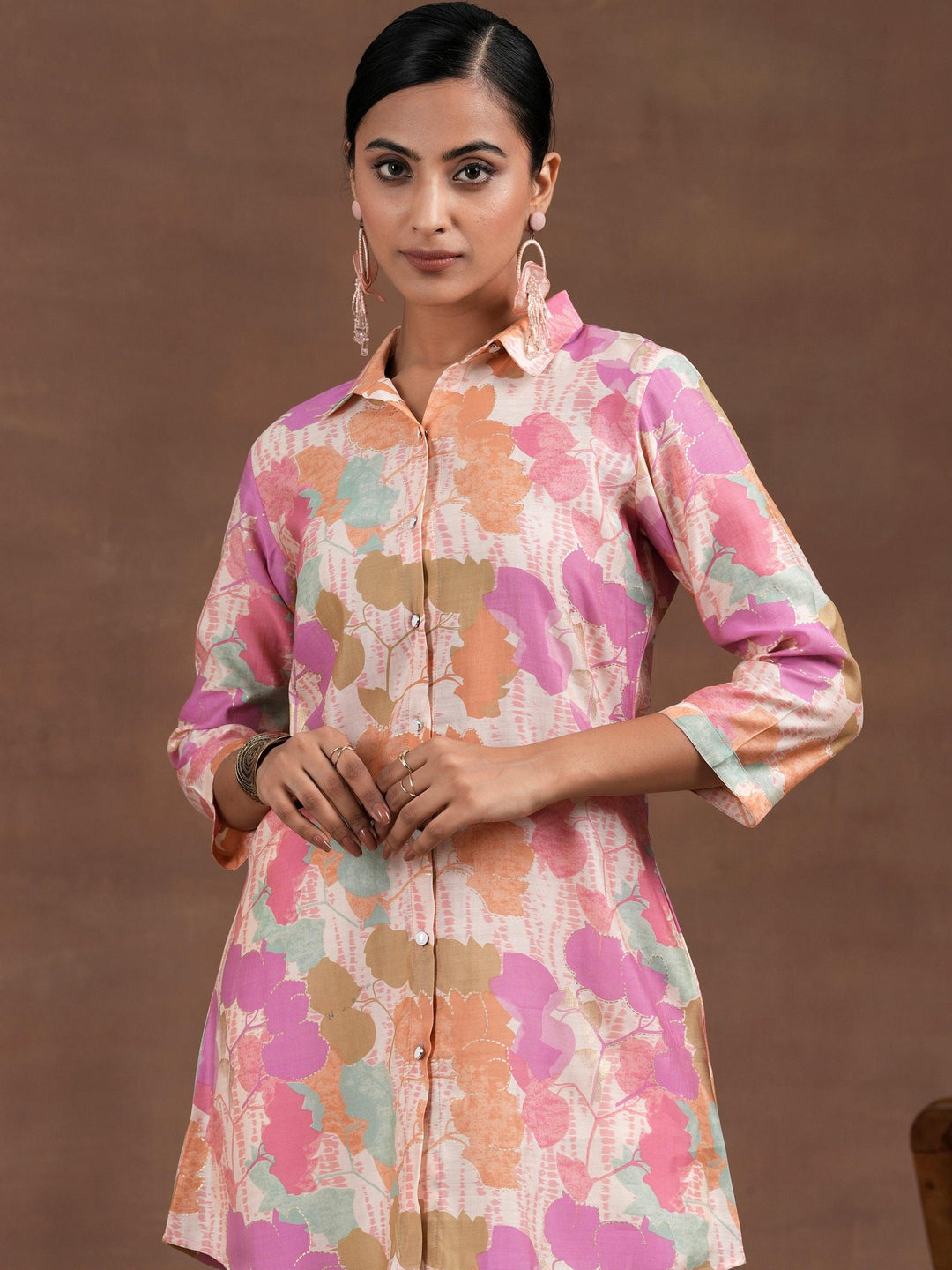 Pink Printed Silk Blend Straight Kurti - Libas 