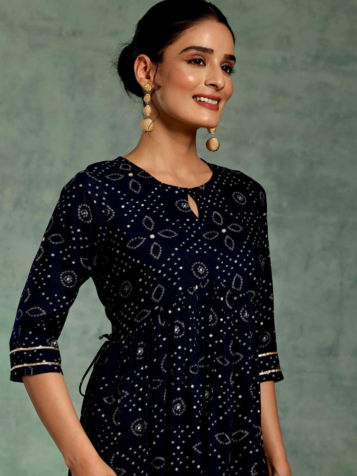 Blue Printed Rayon A-Line Kurta With Palazzos & Dupatta - Libas