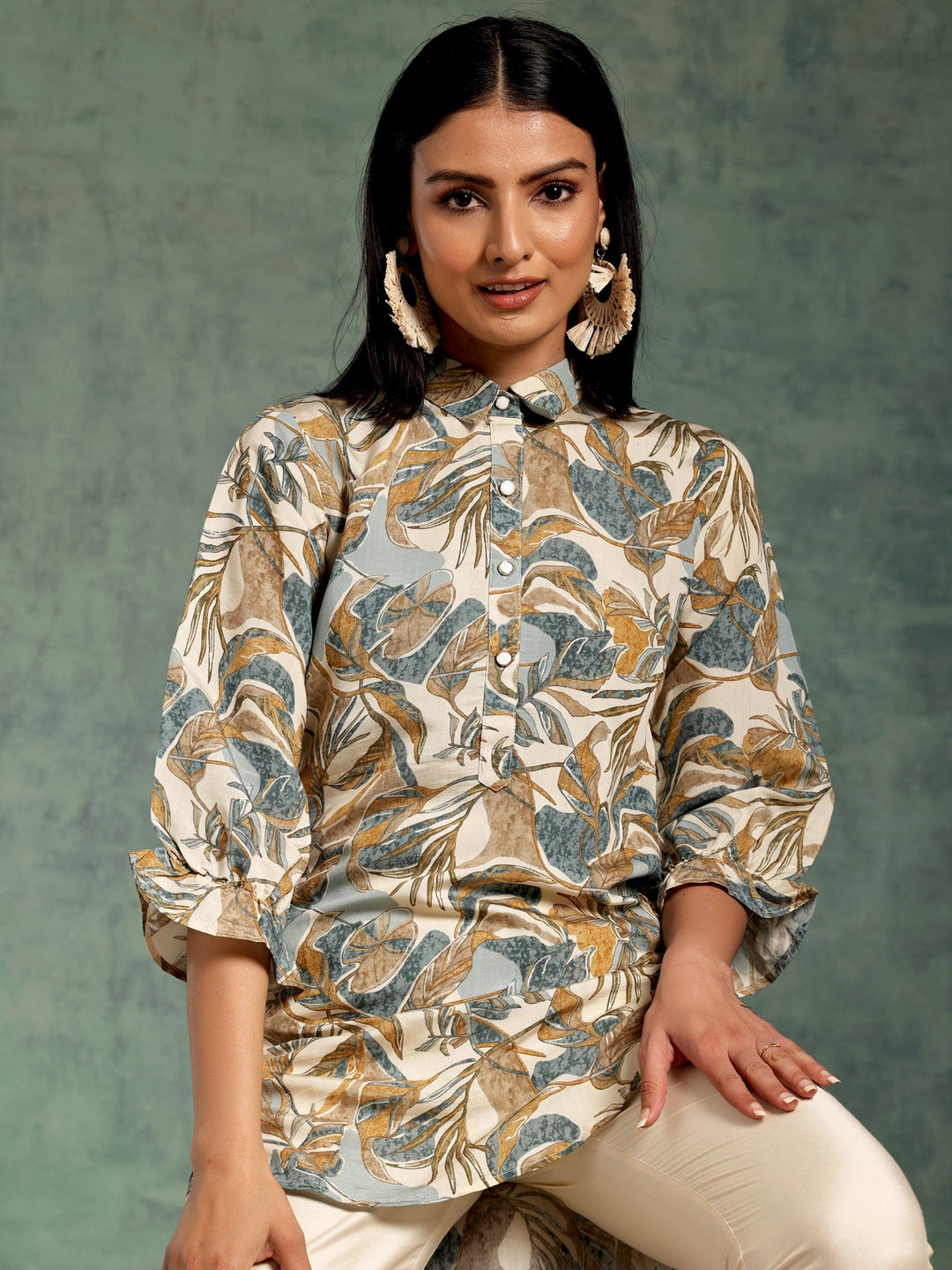 Beige Printed Silk Blend A-Line Kurti - Libas 