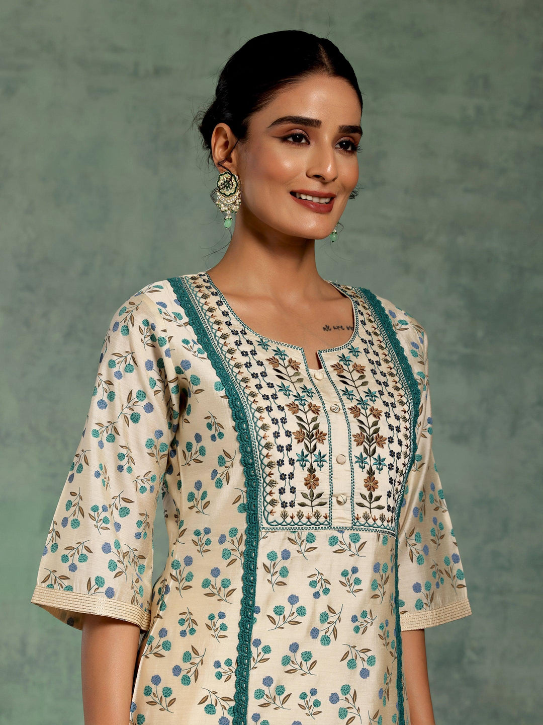 Beige Printed Chanderi Silk A-Line Kurta With Palazzos - Libas 