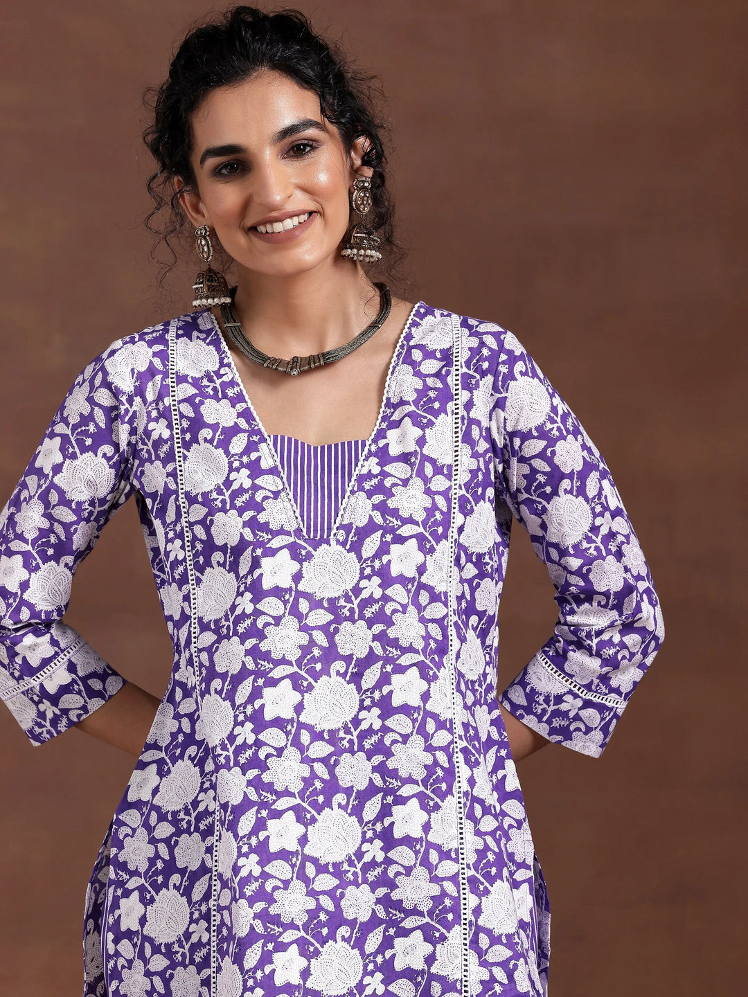  Purple Printed Cotton Straight Kurta Set 