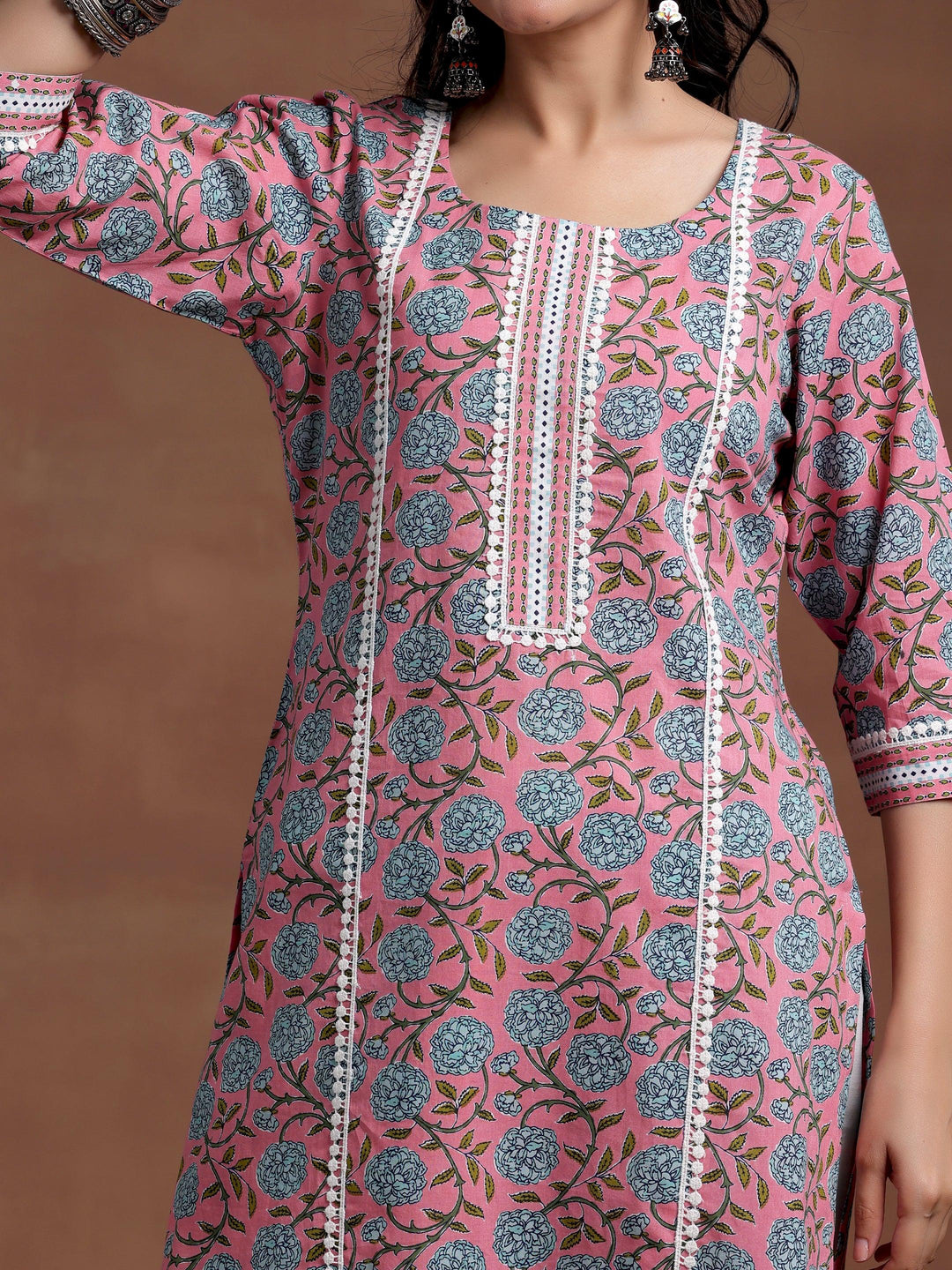 Pink Printed Cotton Straight Kurta - Libas 