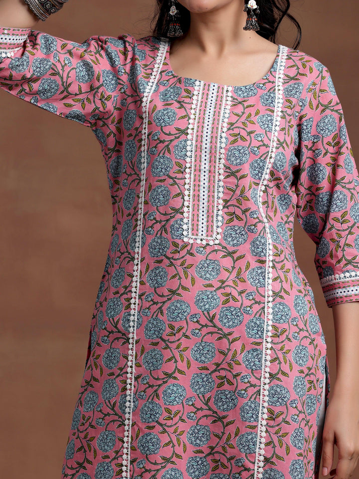 Pink Printed Cotton Straight Kurta - Libas