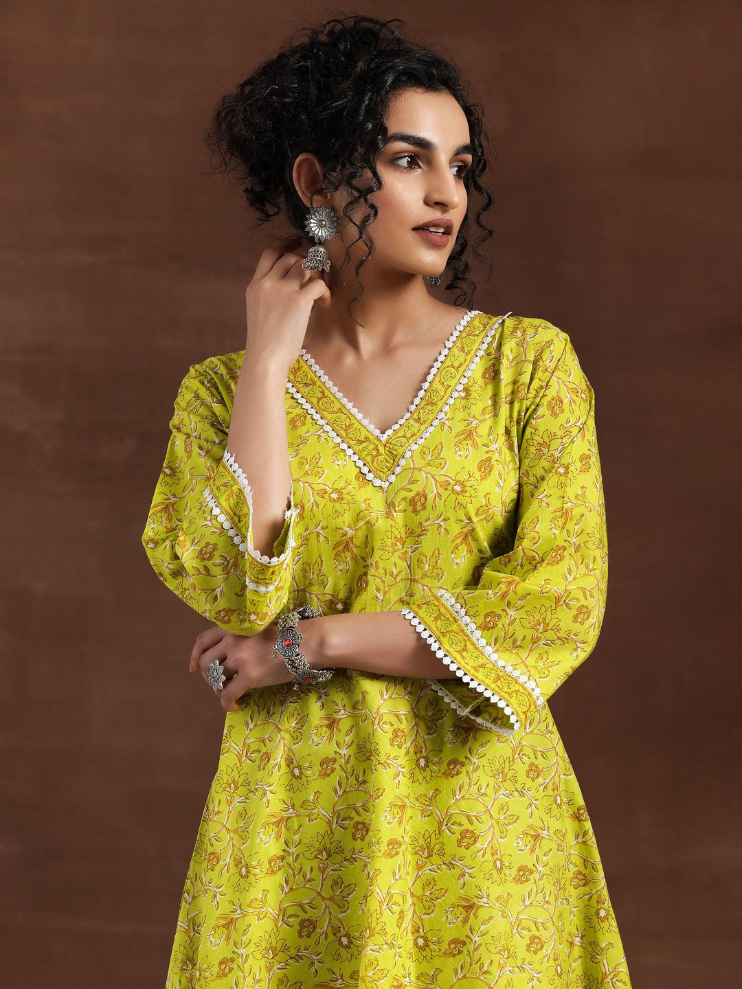 Green Printed Cotton Anarkali Suit With Dupatta - Libas