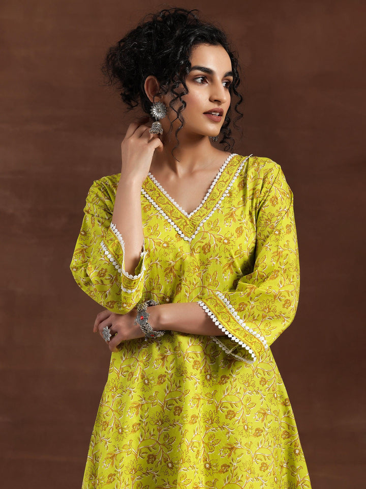 Green Printed Cotton Anarkali Suit With Dupatta - Libas