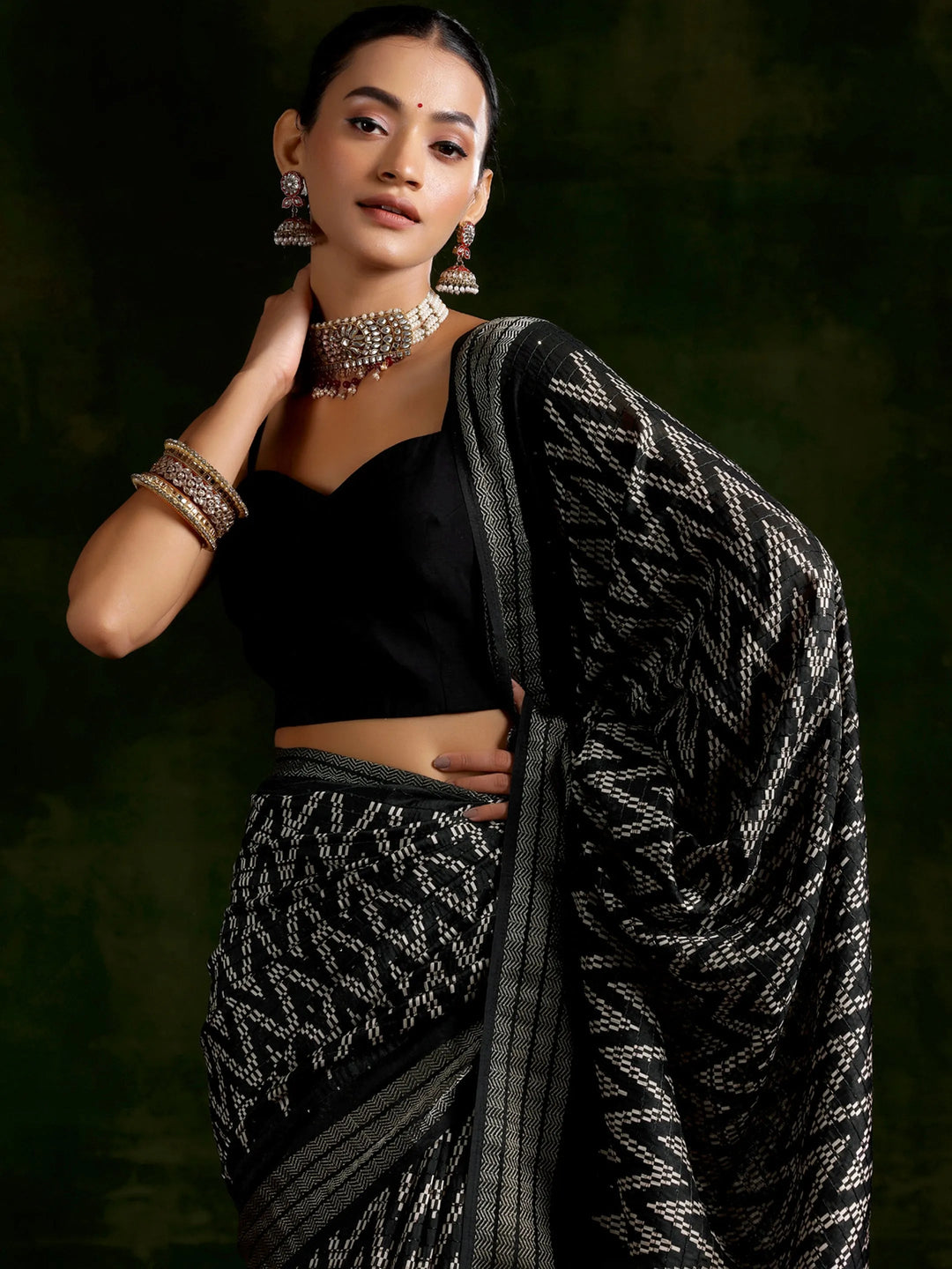  Black Printed Silk Blend Saree With Unstitched Blouse Piece 