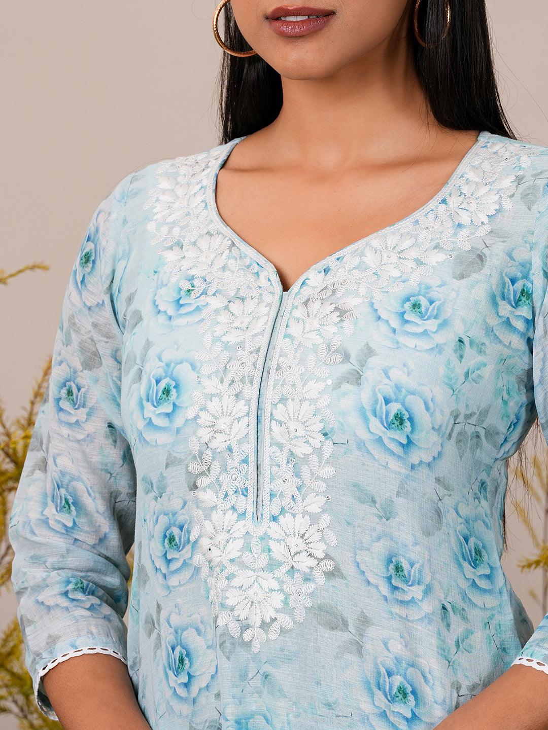 Blue Printed Linen Straight Suit With Dupatta - Libas