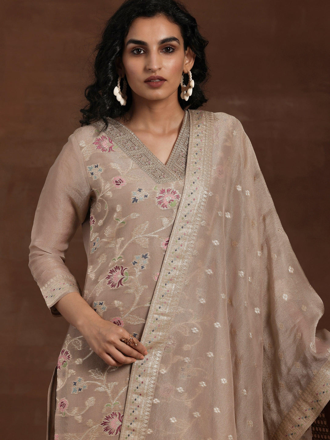 Brown Woven Design Chanderi Silk Straight Suit With Dupatta - Libas 