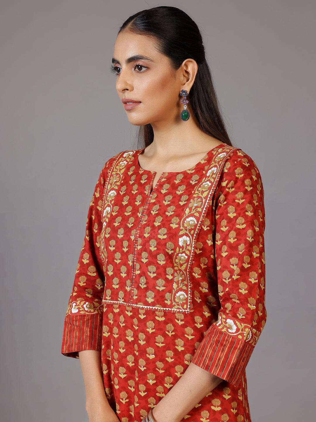 Rust Printed Cotton Straight Suit With Dupatta - Libas 