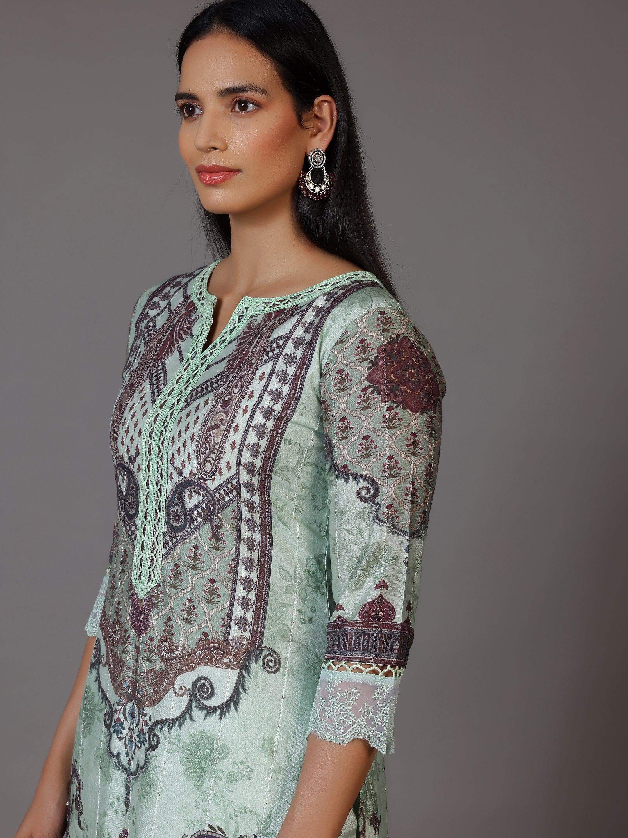 Green Printed Silk Blend Pakistani Suit
