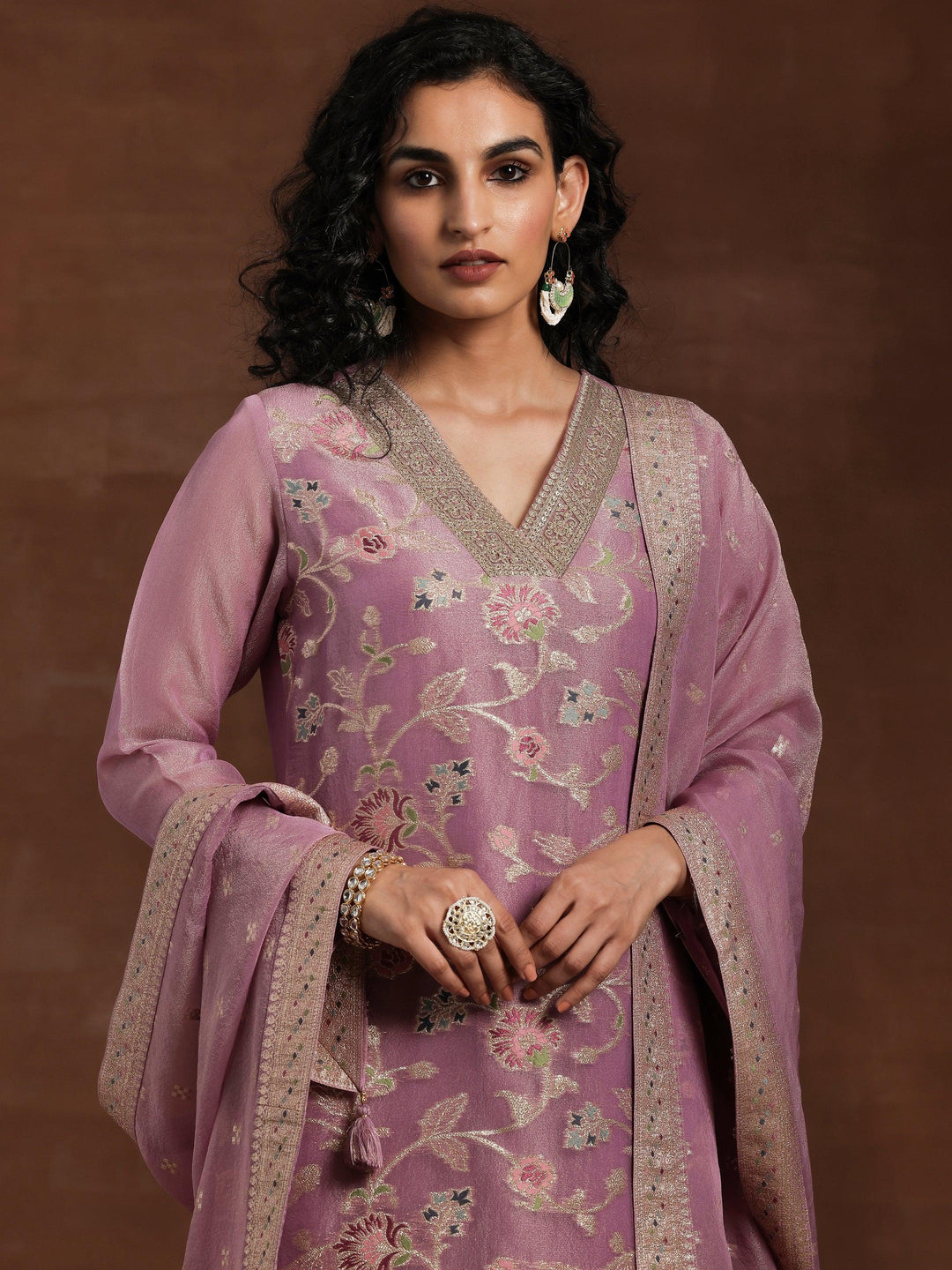 Mauve Woven Design Silk Blend Straight Kurta With Trousers & Dupatta - Libas 