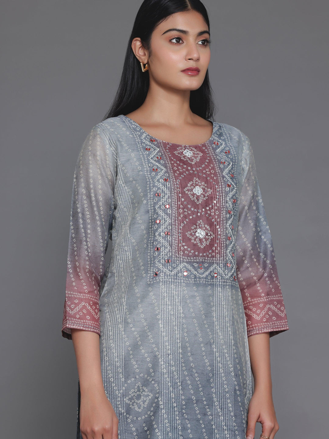 Grey Embellished Chanderi Silk Straight Kurta - Libas