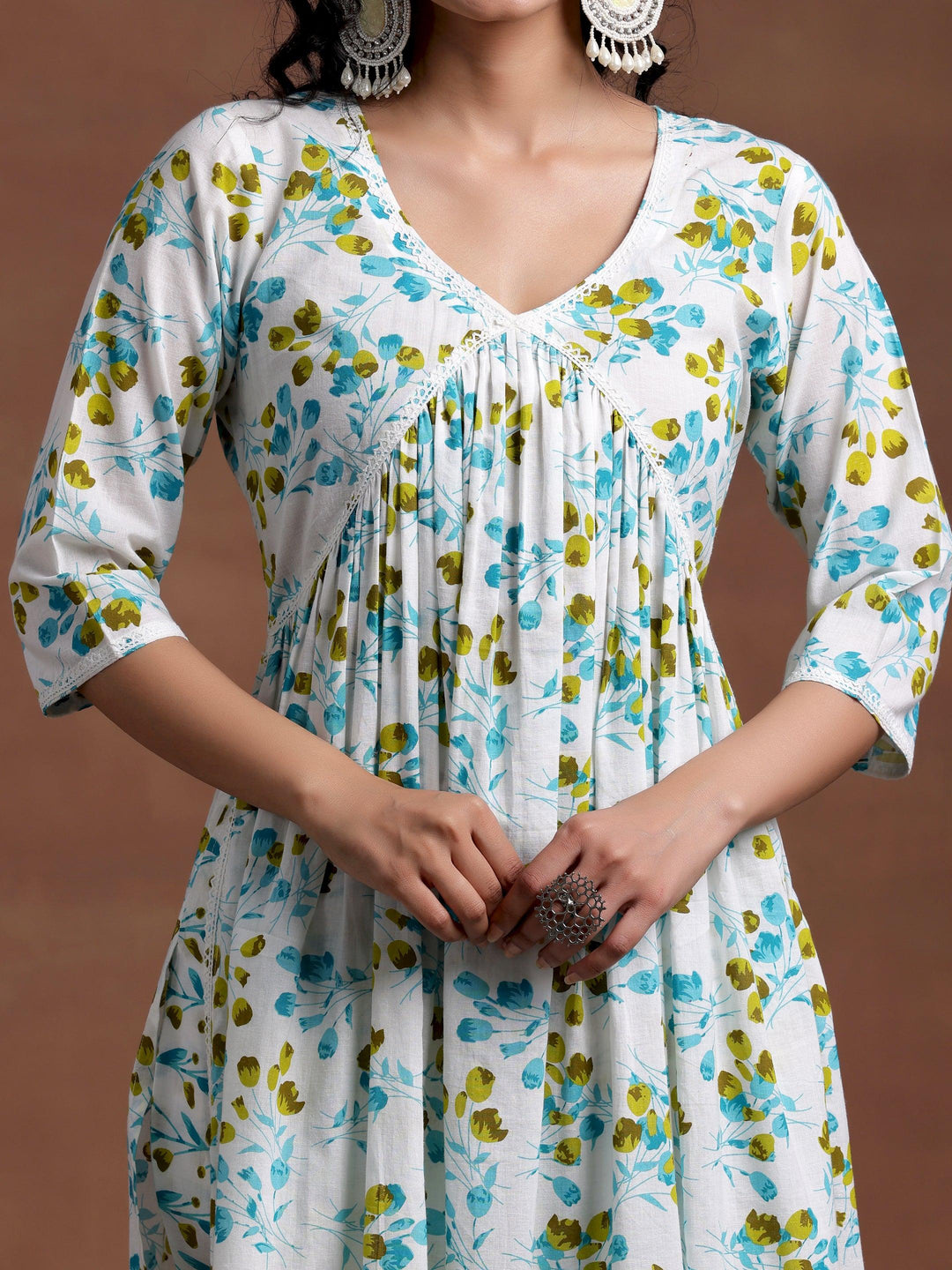 Off White Printed Cotton A-Line Kurta With Palazzos & Dupatta - Libas 