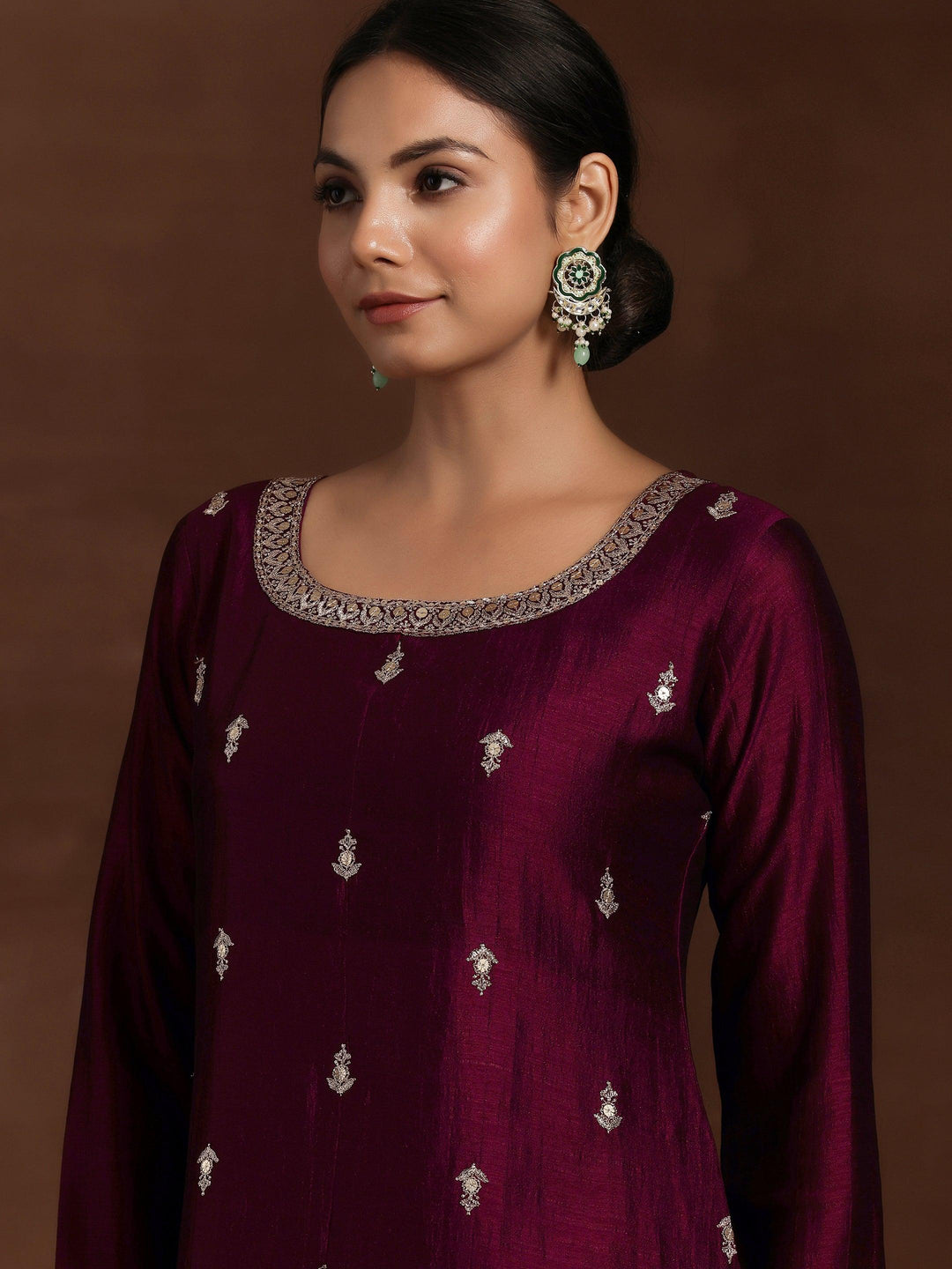 Maroon Embroidered Silk Blend Straight Suit With Dupatta - Libas