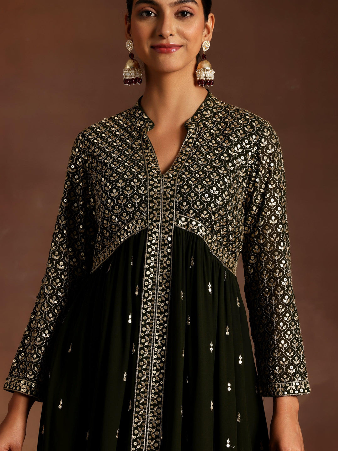 Olive Embroidered Georgette A-Line Kurta With Trousers & Dupatta - Libas 