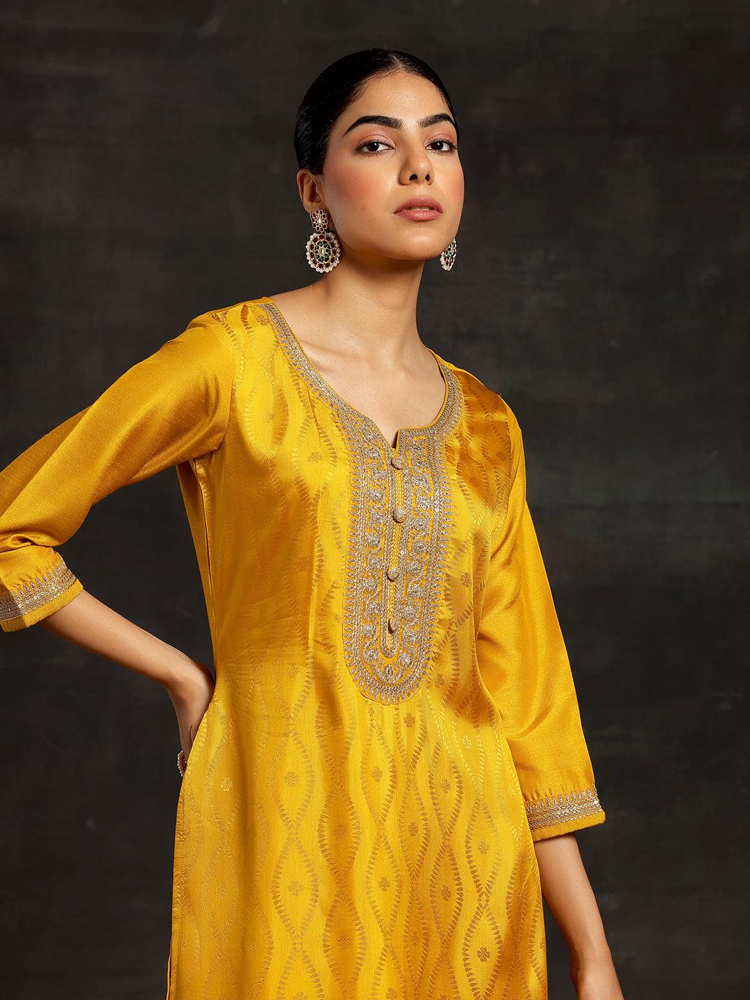 Mustard Woven Design Silk Blend Straight Suit With Dupatta - Libas 