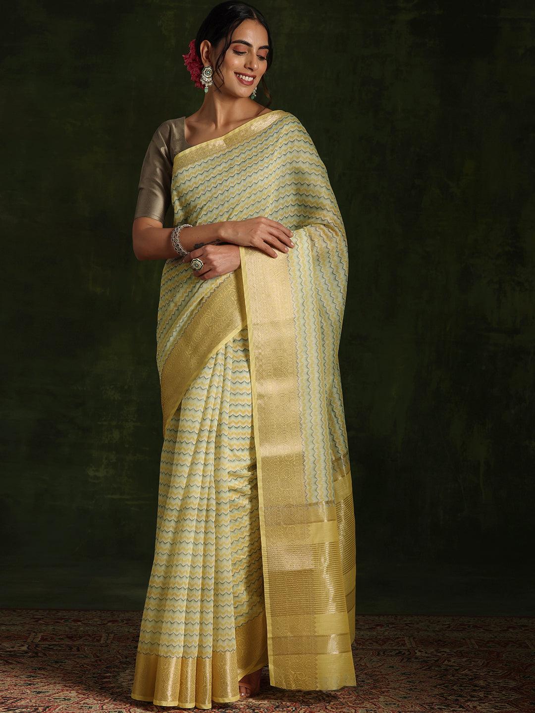 Yellow Printed Silk Blend Saree With Unstitched Blouse Piece - Libas