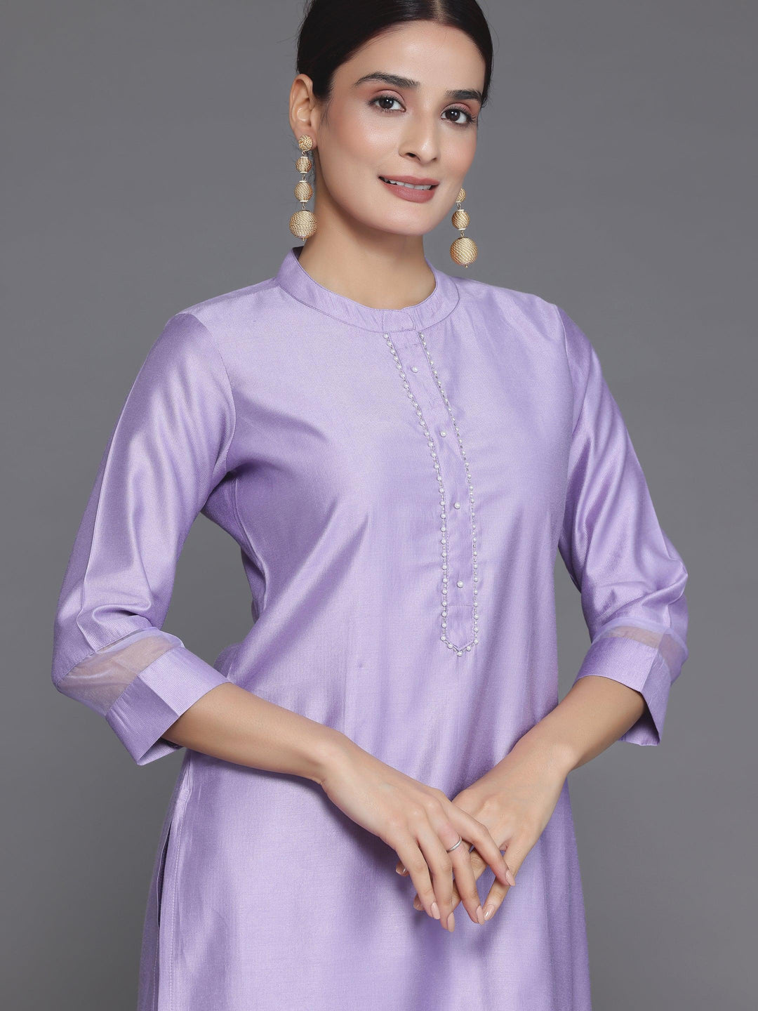 Lavender Solid Silk Blend Straight Suit With Dupatta - Libas 