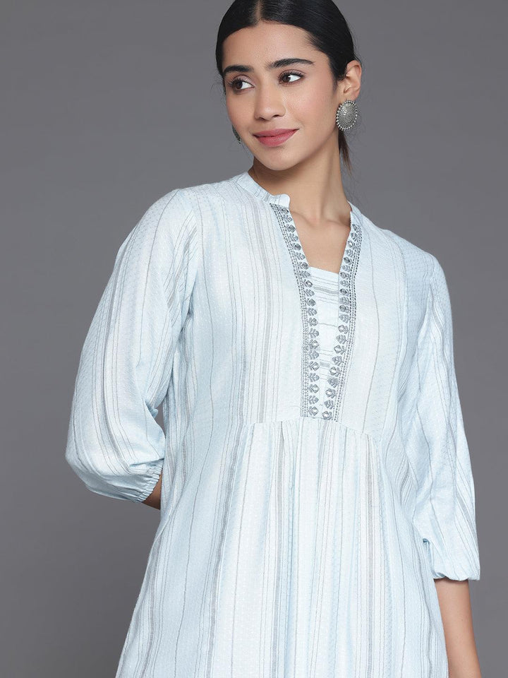 Blue Woven Design Cotton Blend Straight Kurti - Libas