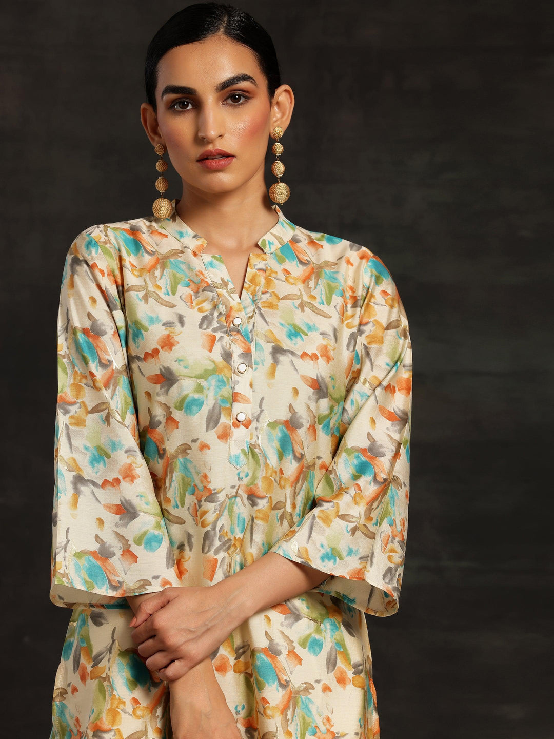 Beige Printed Silk Blend Straight Kurtis - Libas