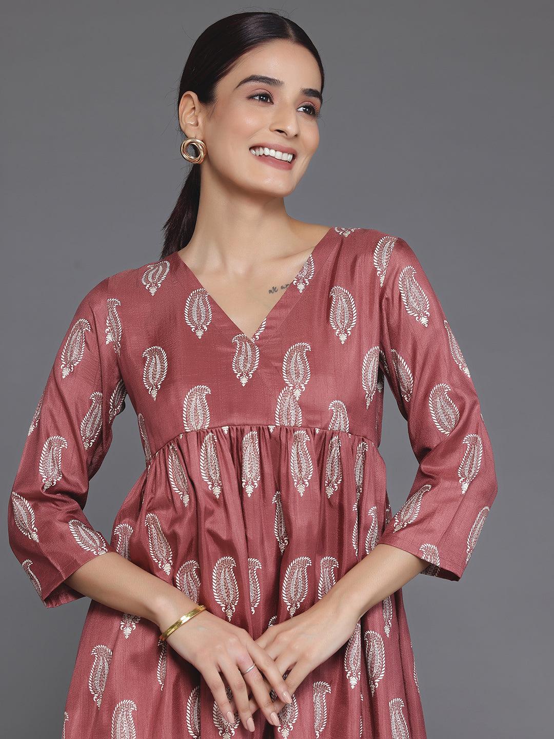 Mauve Printed Silk Blend A-Line Kurta With Trousers - Libas 