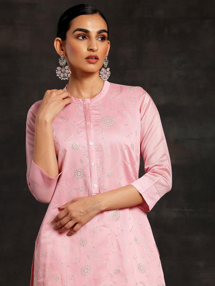 Pink Embroidered Chanderi Silk Straight Kurta - Libas