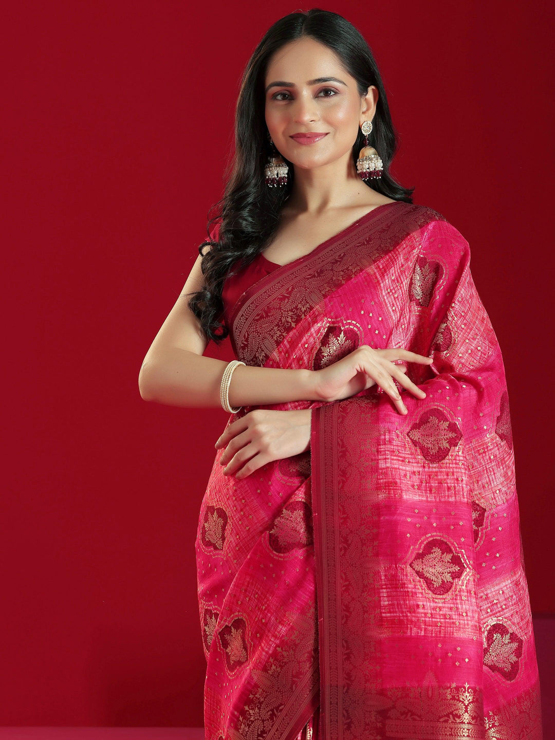 Libas Art Pink Woven Design Satin Saree With Unstitched Blouse Piece - Libas