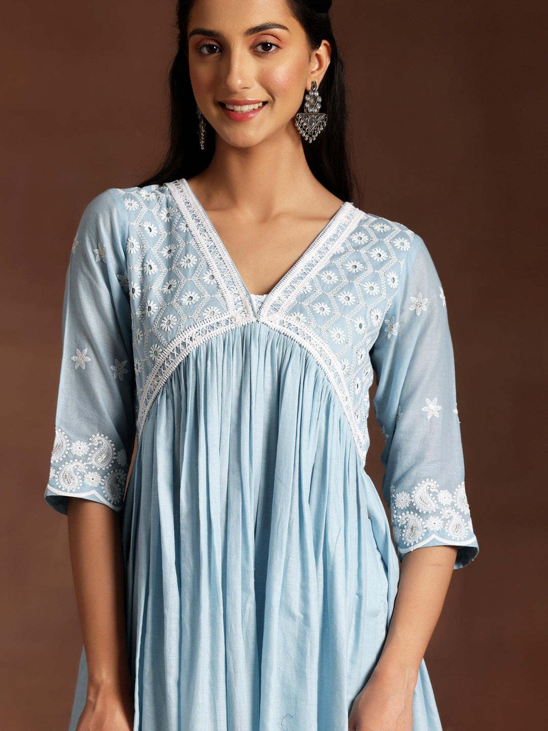 Blue Embroidered Cotton A-Line Kurta With Palazzos & Dupatta - Libas 