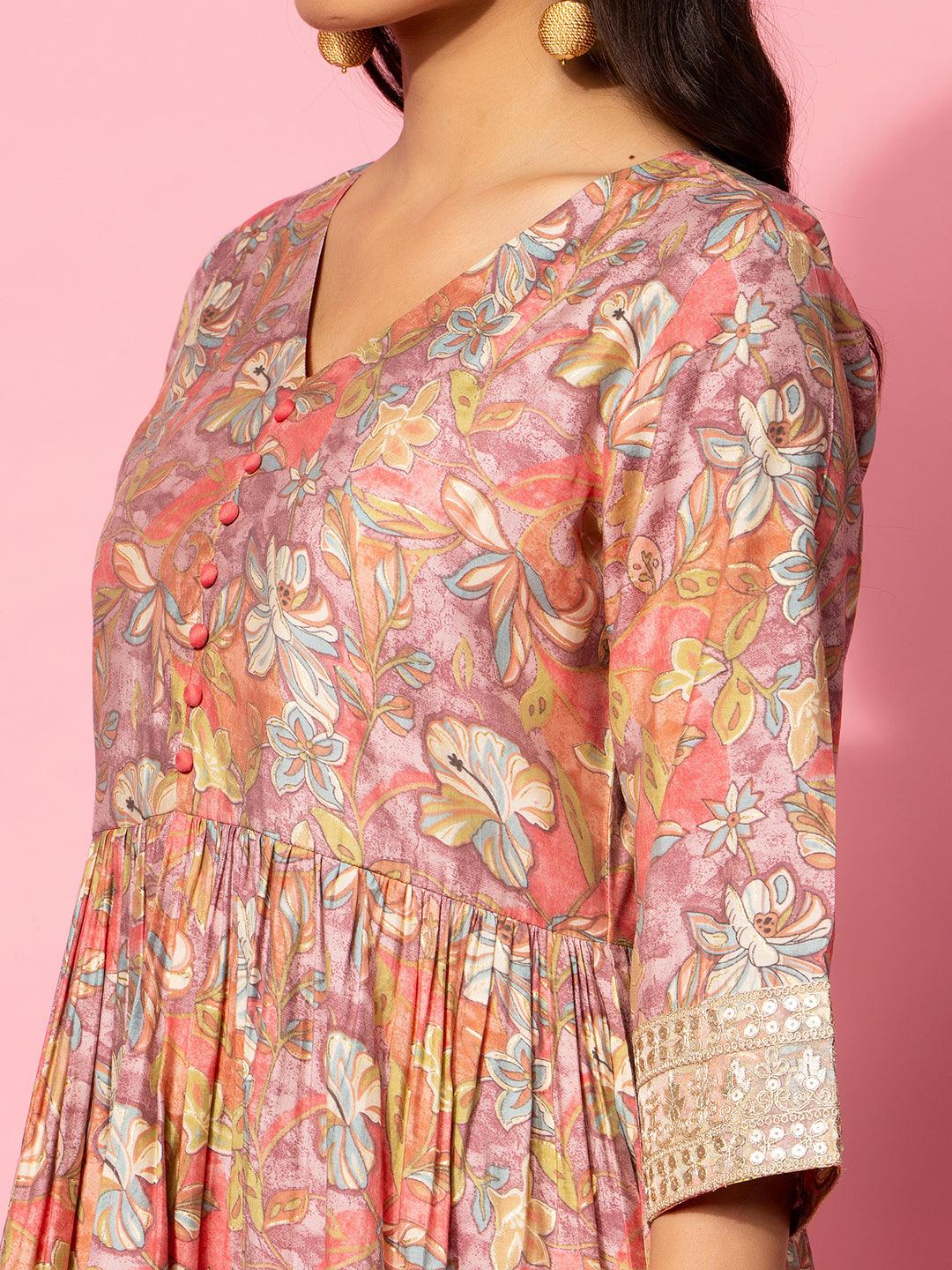 Peach Printed Silk Blend Co-Ords - Libas 