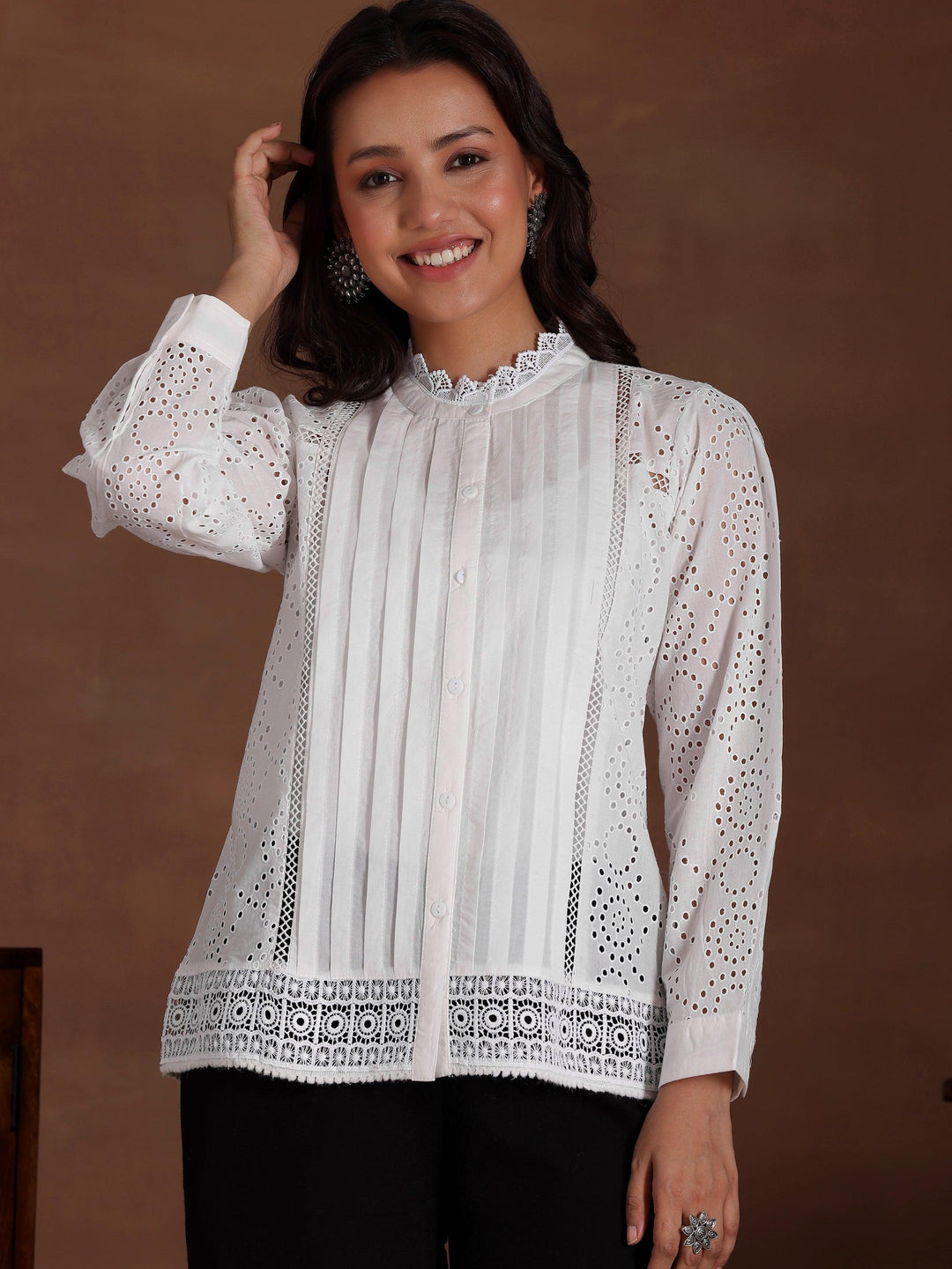 White Embroidered Cotton Straight Kurti - Libas 