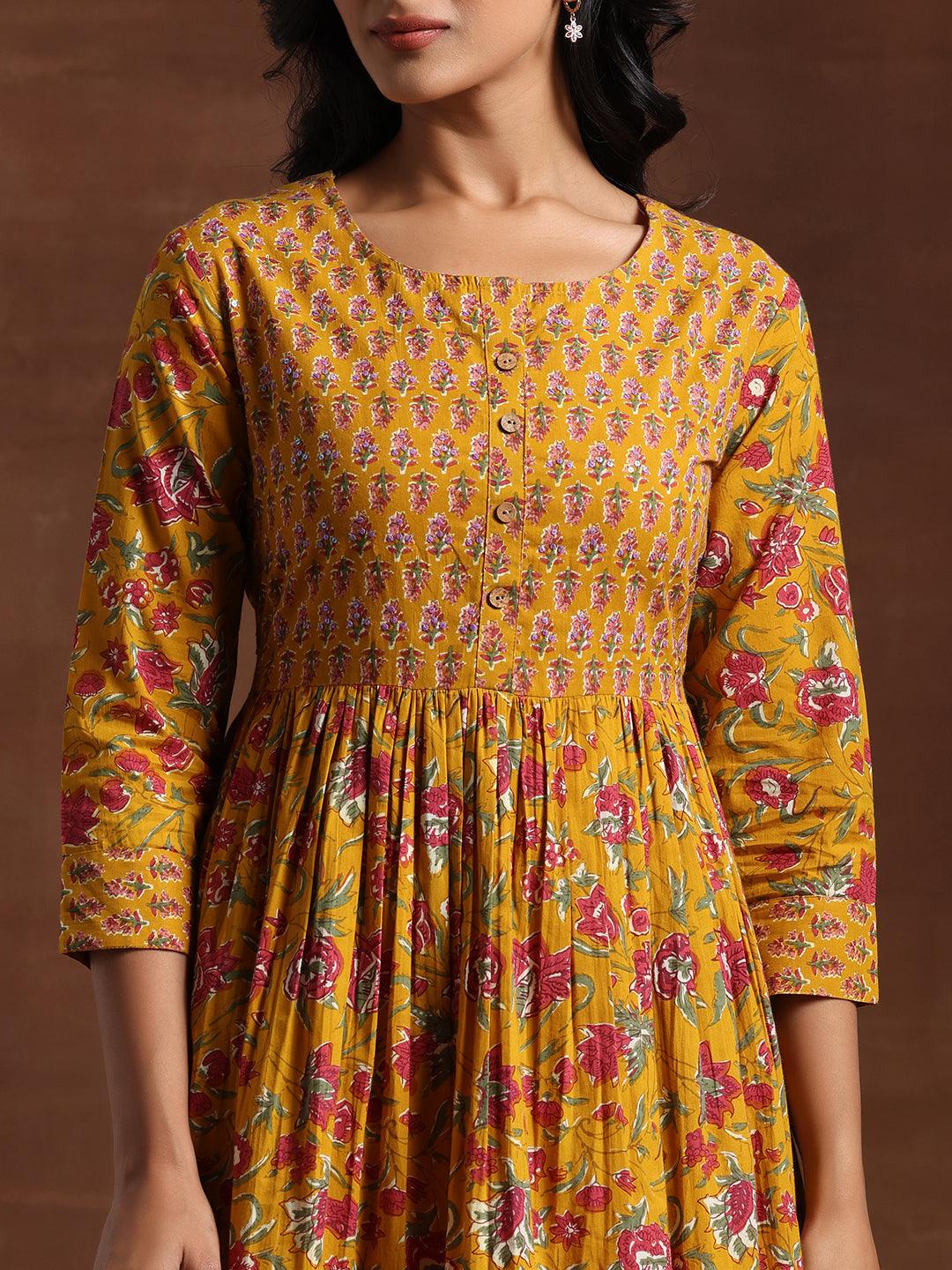 Yellow Printed Pure Cotton Anarkali Suit With Dupatta - Libas 