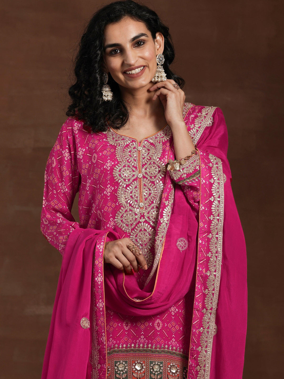 Libas Art Pink Printed Silk Blend Straight Suit With Dupatta - Libas