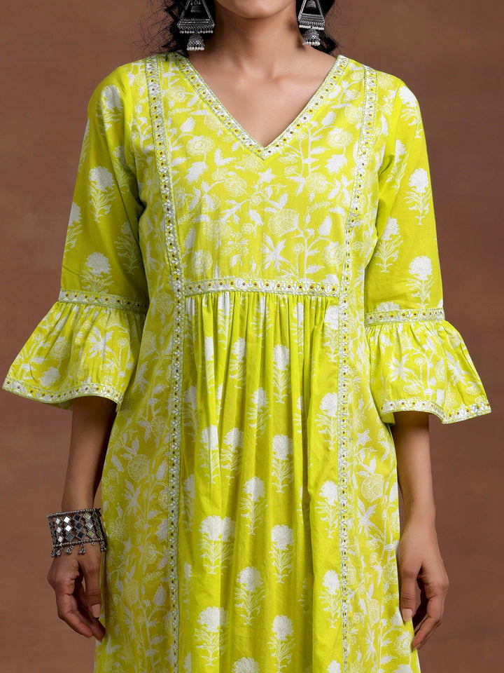 Neon Green Printed Cotton A-Line Dress - Libas