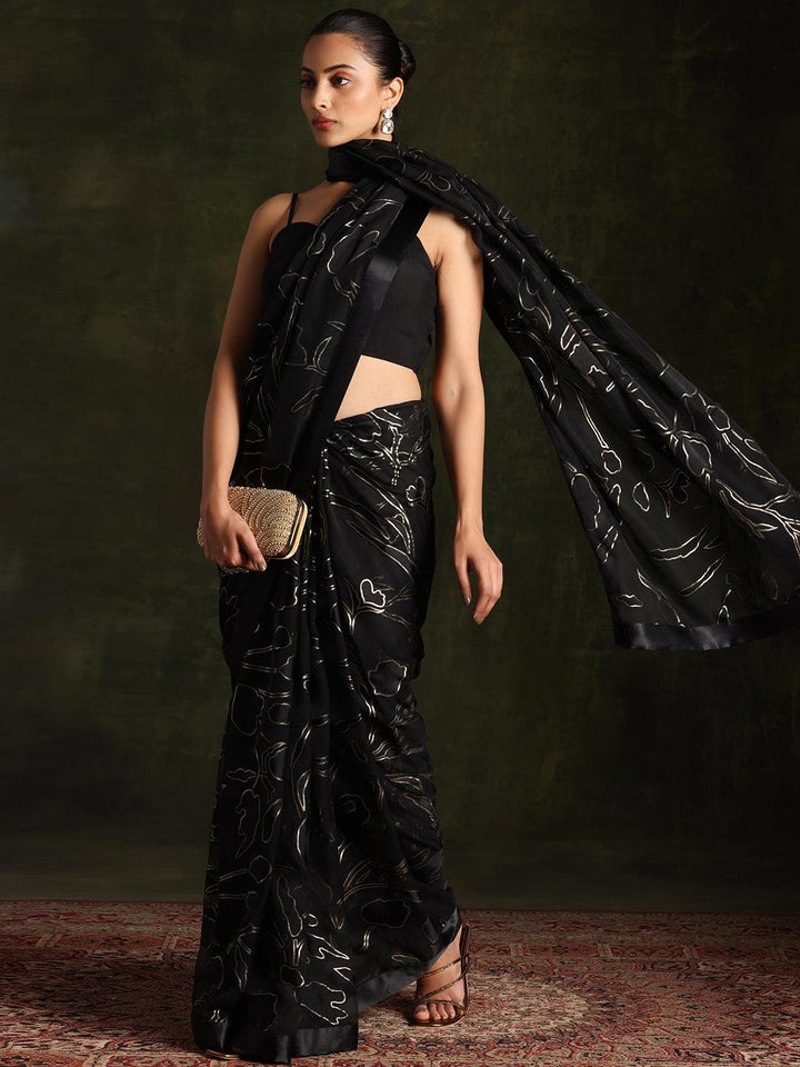 Black Woven Design Brasso Saree With Unstitched Blouse Piece - Libas