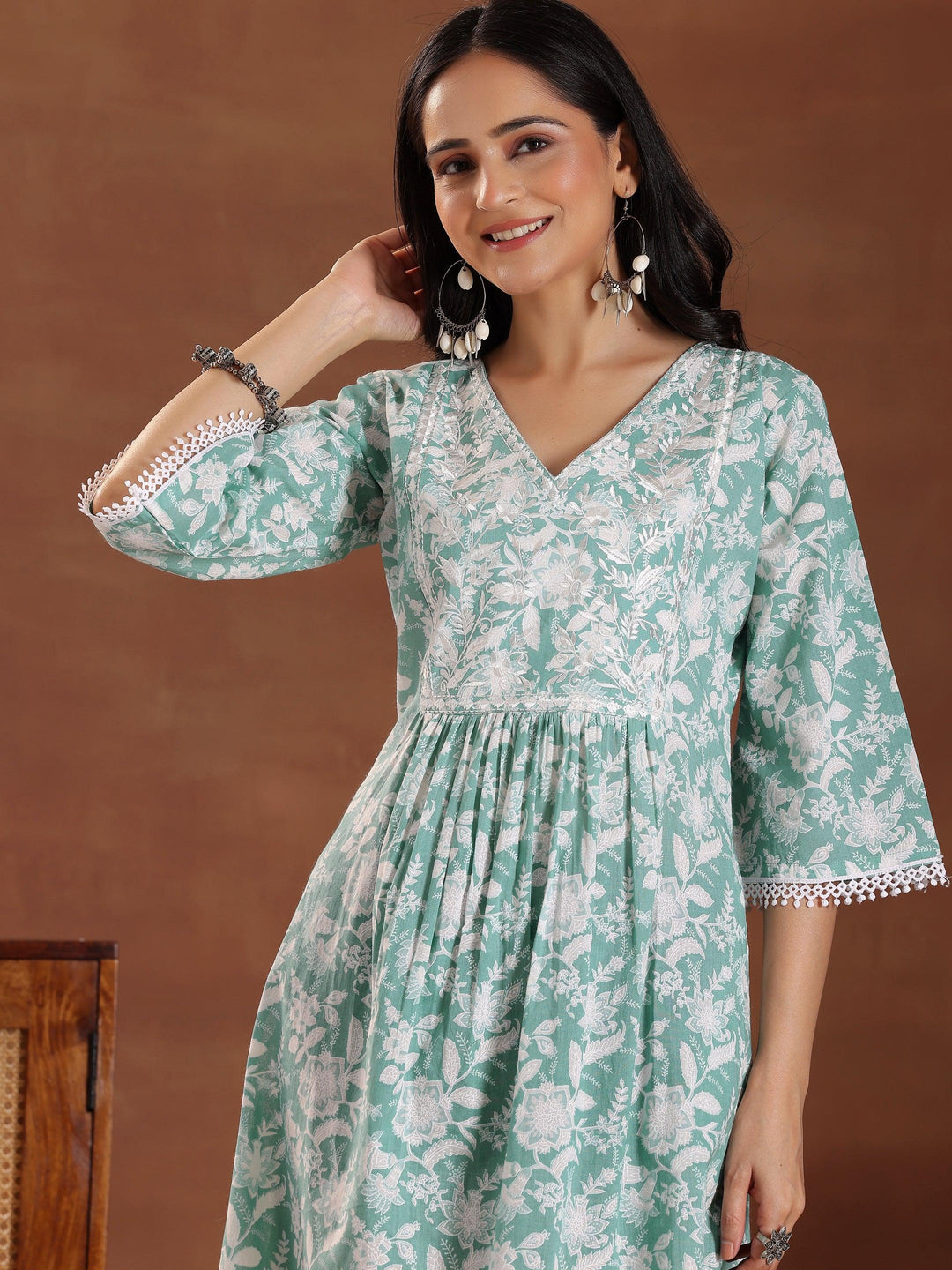 Green Printed Cotton A-Line Dress - Libas 