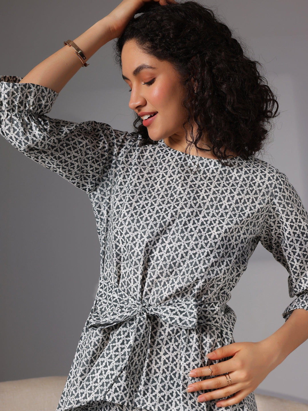 Grey Printed Cotton Night Suits - Libas 