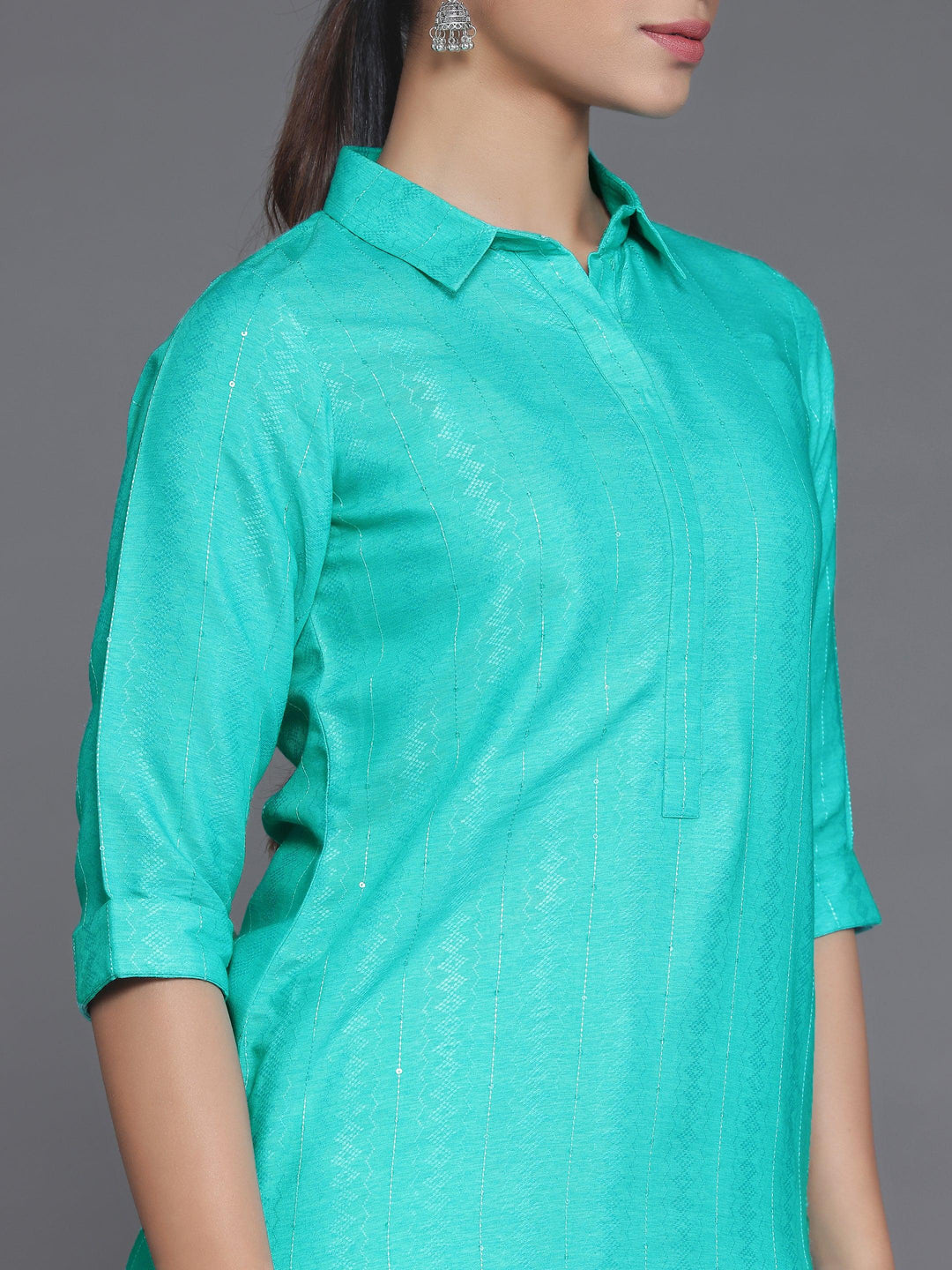 Blue Woven Design Cotton Straight Kurta - Libas 