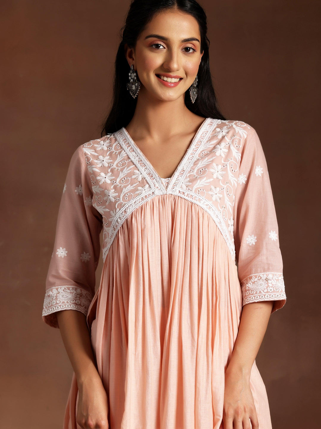 Peach Embroidered Cotton A-Line Kurta With Palazzos & Dupatta - Libas 