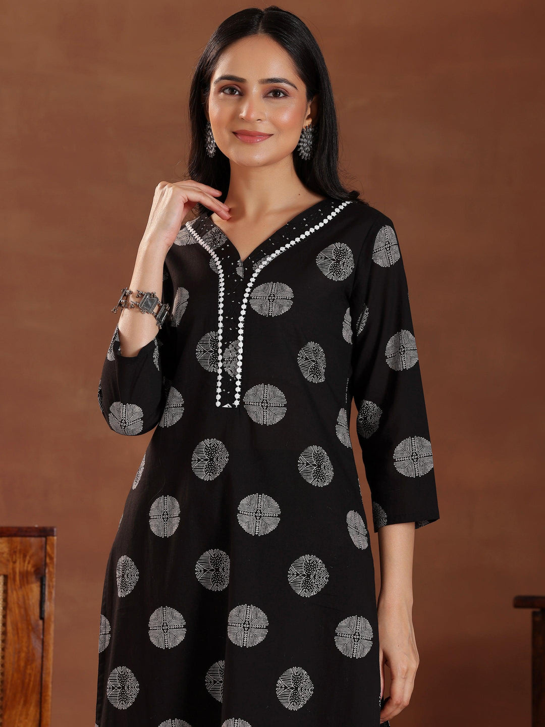 Black Printed Cotton Straight Suit With Dupatta - Libas 