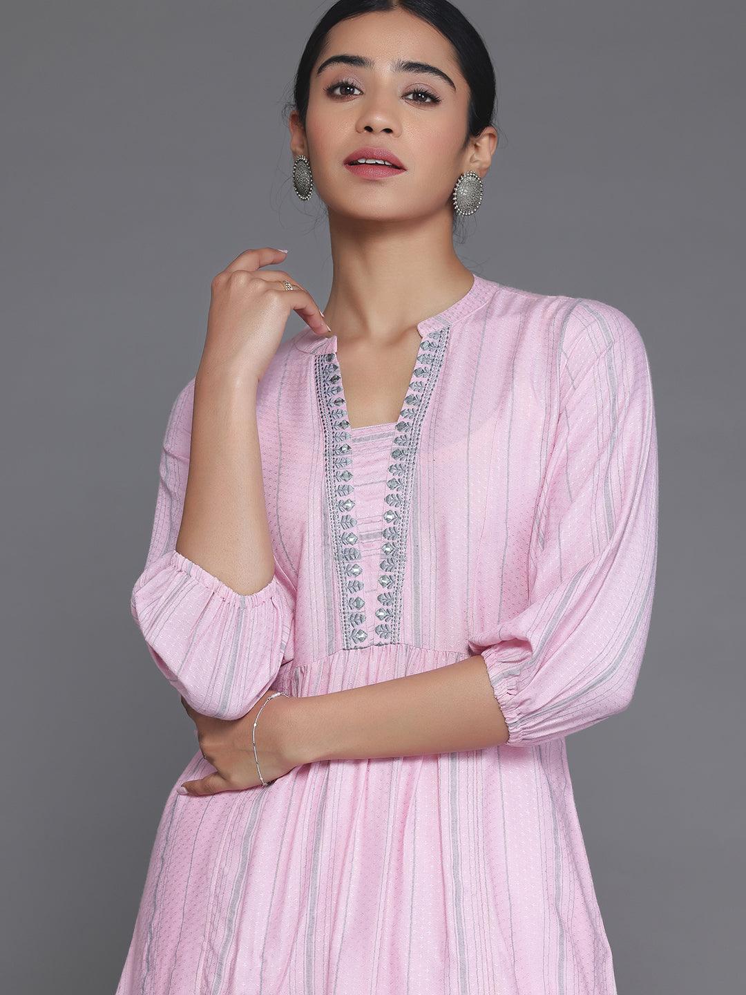 Pink Woven Design Cotton Blend Straight Kurti - Libas 