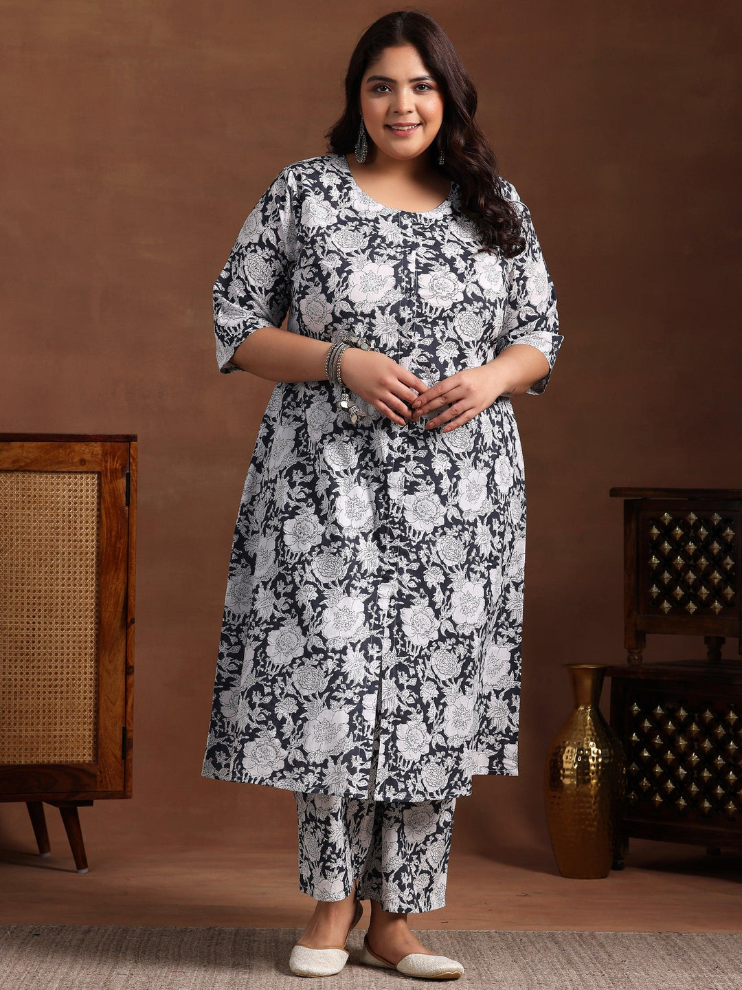 Plus Size Grey Printed Cotton Co-Ords - Libas