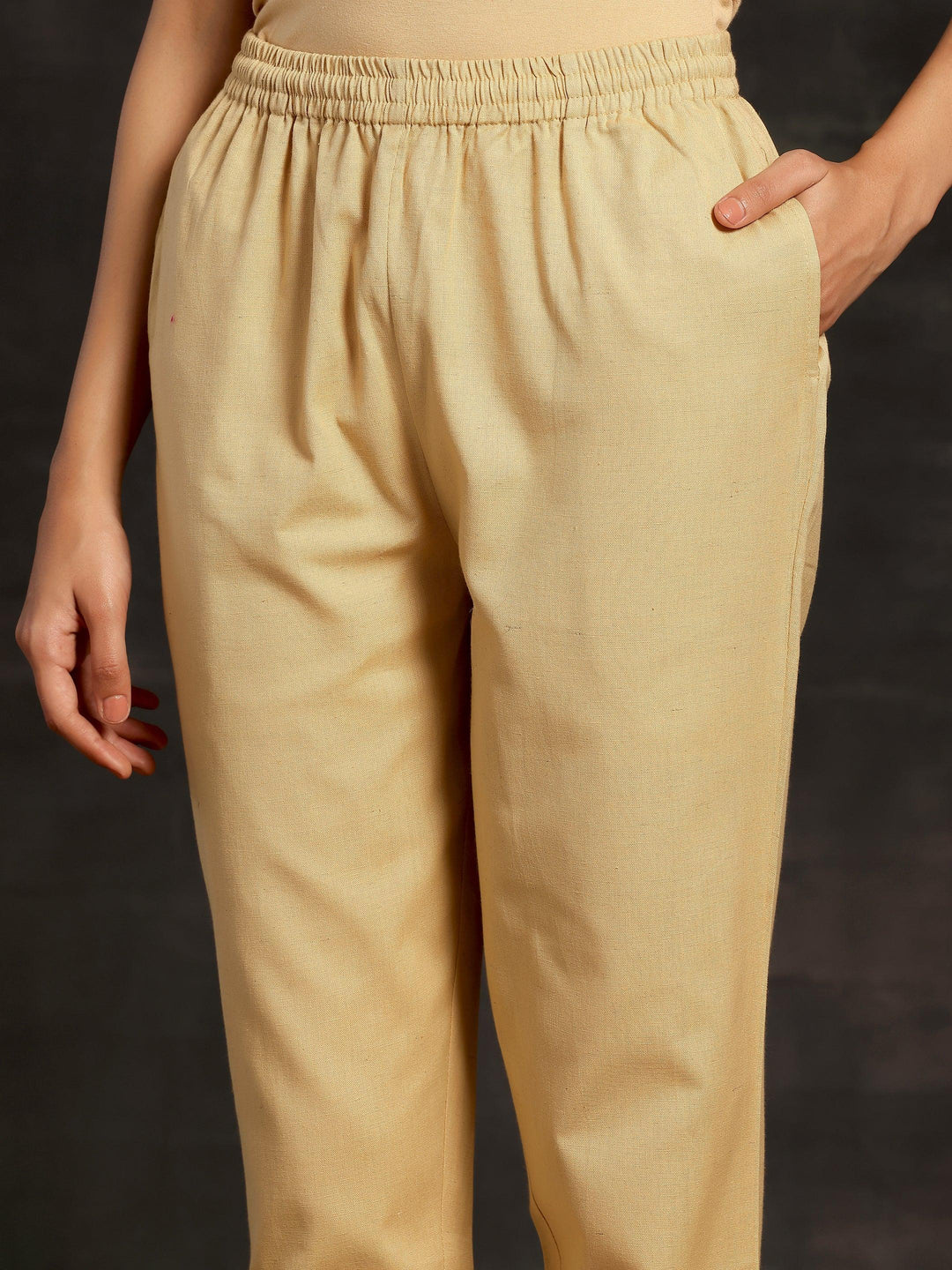 Cream Solid Cotton Straight Fit Trousers - Libas 