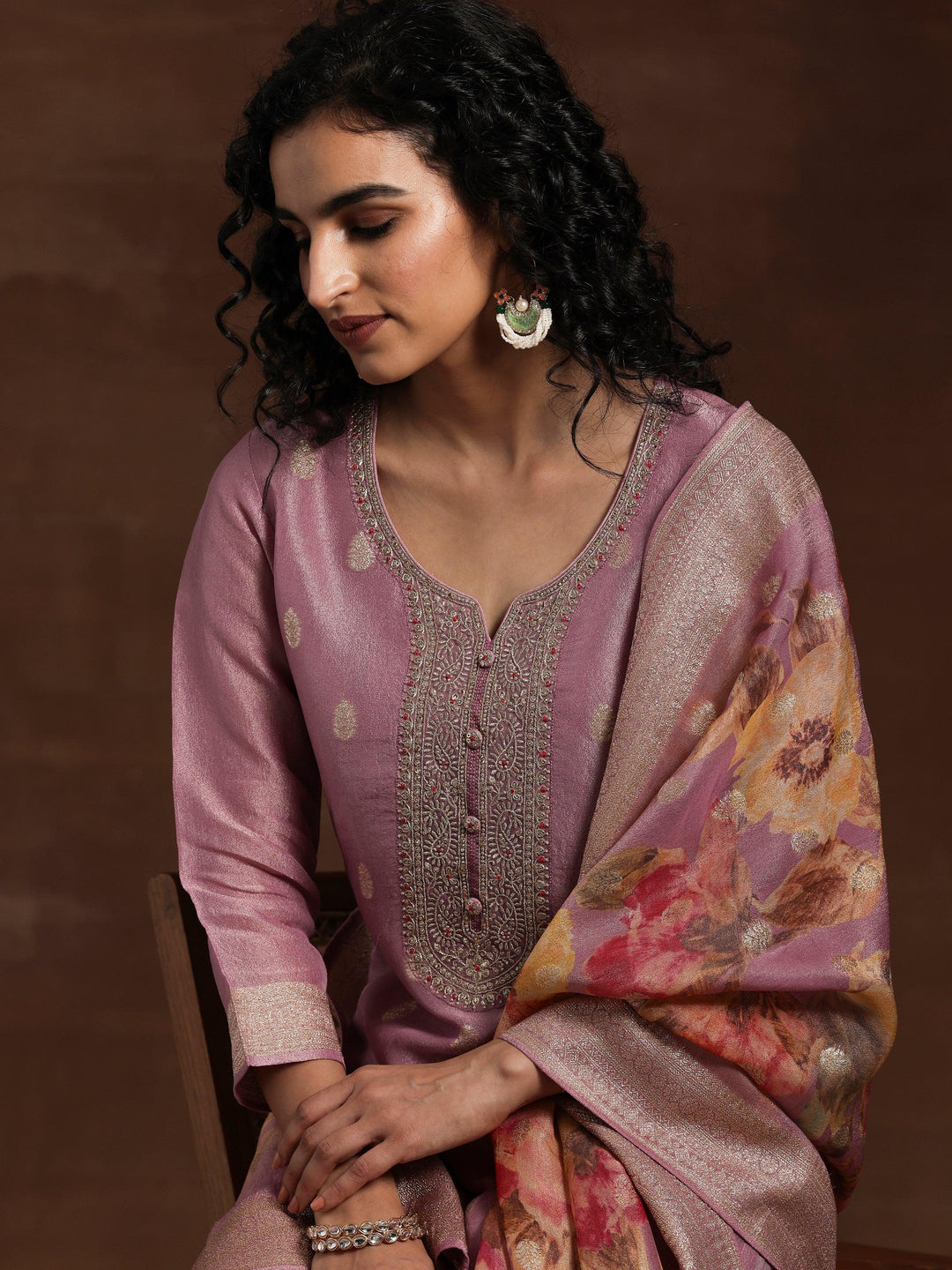 Mauve Woven Design Silk Blend Straight Kurta With Palazzos & Dupatta - Libas 