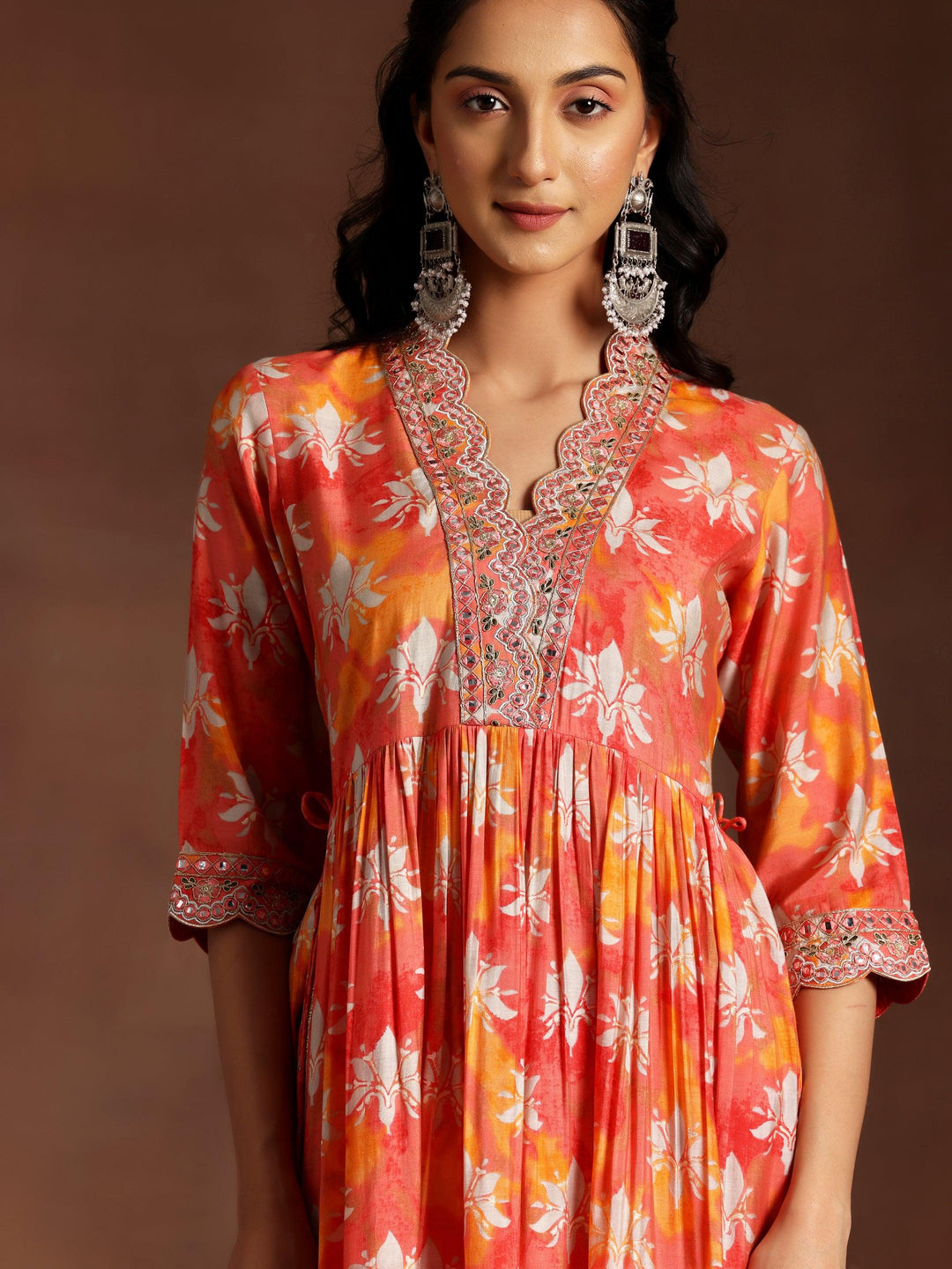 Saanjh Orange Printed Silk Blend A-Line Kurta With Palazzos & Dupatta - Libas 