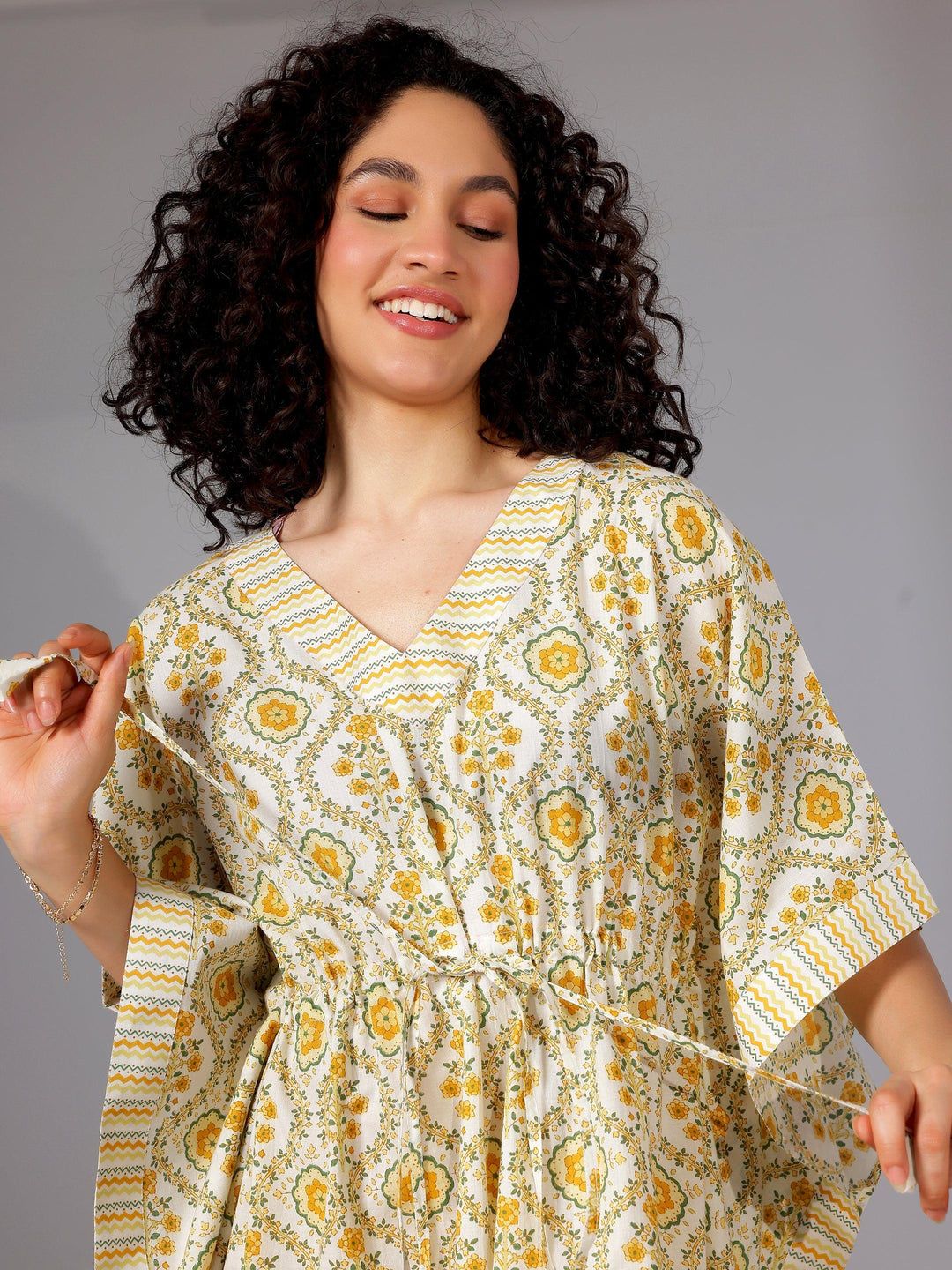 Yellow Printed Cotton Kaftan Night Dress - Libas 